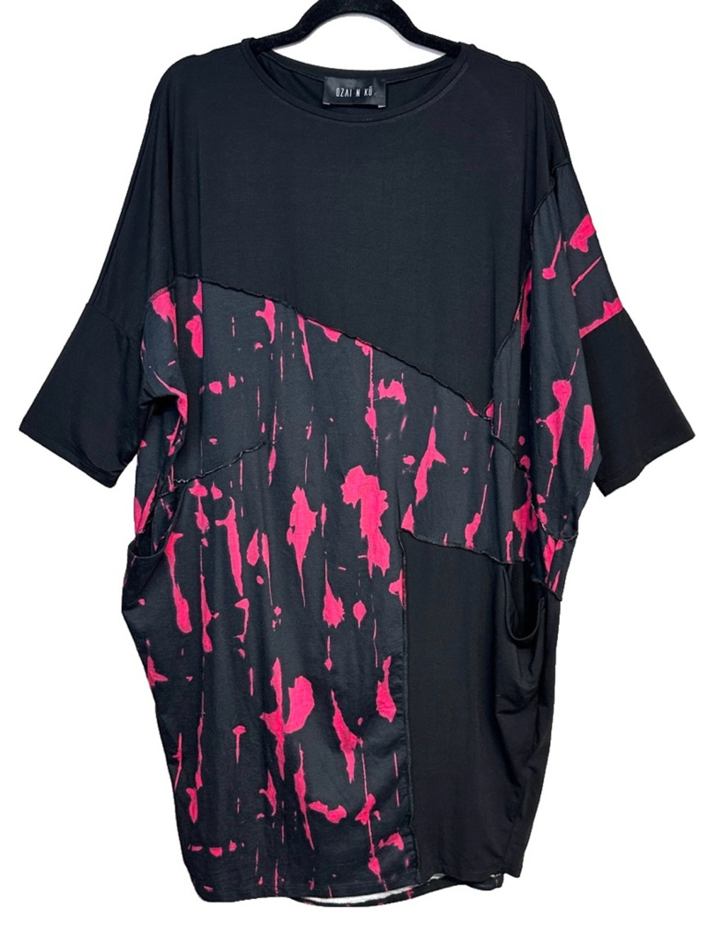 Ozai N Ku Black Rosewater Pink Boxy Dress Lagenlook Art to Wear Stretchy 2/Small